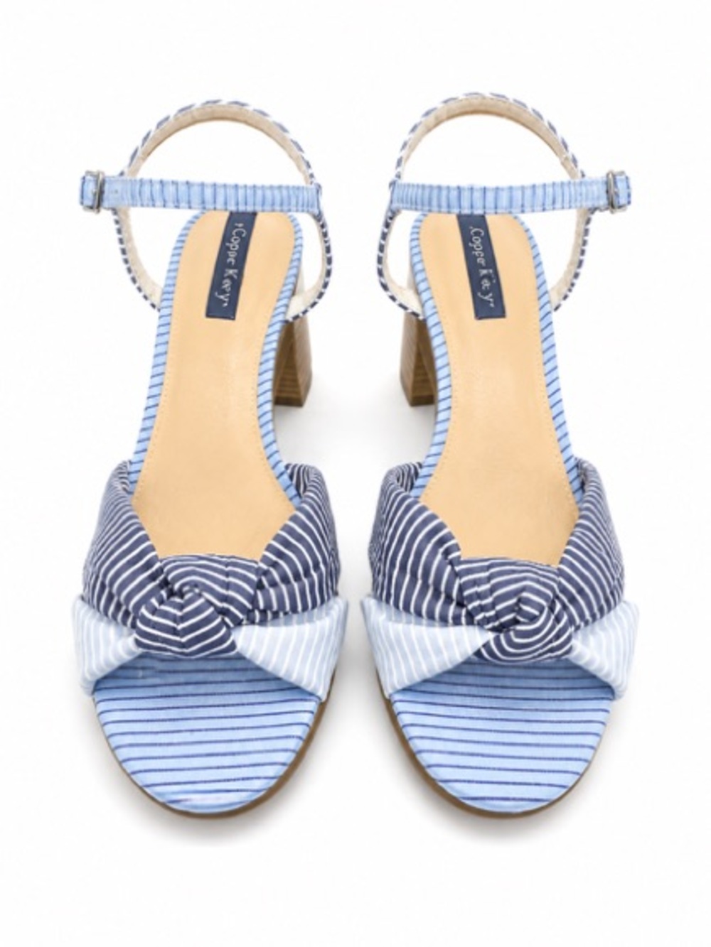 Copper Key Striped Knot Front Ankle Strap Heels - Blue & White